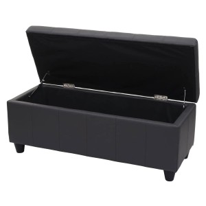 Geöffnete, graue MCW Aufbewahrungstruhe Kriens aus Kunstleder, 45x114x45cm, mit Stauraum.