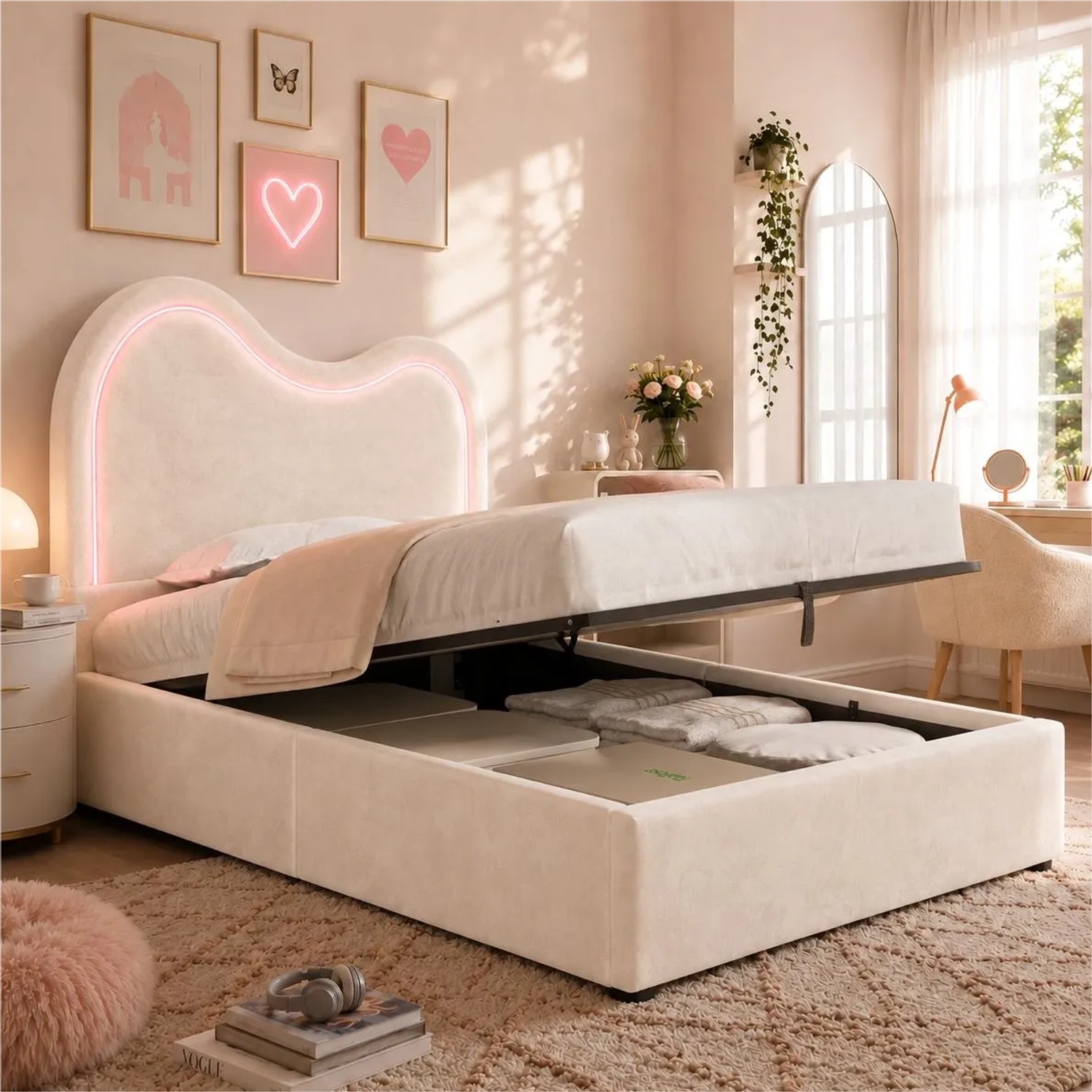 Merax Polsterbett 90 x 200 cm Kinderbett mit Stauraum Lattenrost Samt Beige