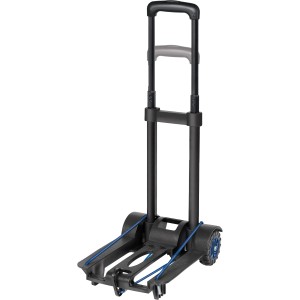 Zusammengeklappte, schwarze Sackkarre mit klappbarer Schaufel und blauen Details.