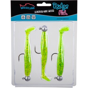 Westline Angelhaken Set Ridge Fish Kit 7,5 cm, grün-glitzernde Gummifische mit Jigköpfen.