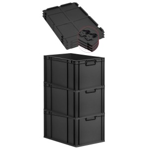 PROREGAL SuperSparSet: 3 schwarze Euroboxen (65L) mit Scharnierdeckel, gestapelt.