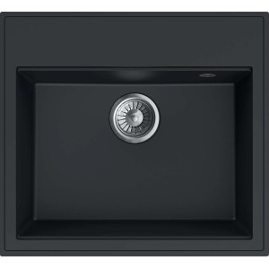 Schwarze Miló Einbauspüle Luxuria 56 aus Granitverbundstoff, Aufsicht mit Abfluss.