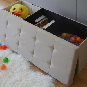 Beige DuneDesign Sitzbank Truhe (110cm) mit Fächern für Spielzeug und Bücher.