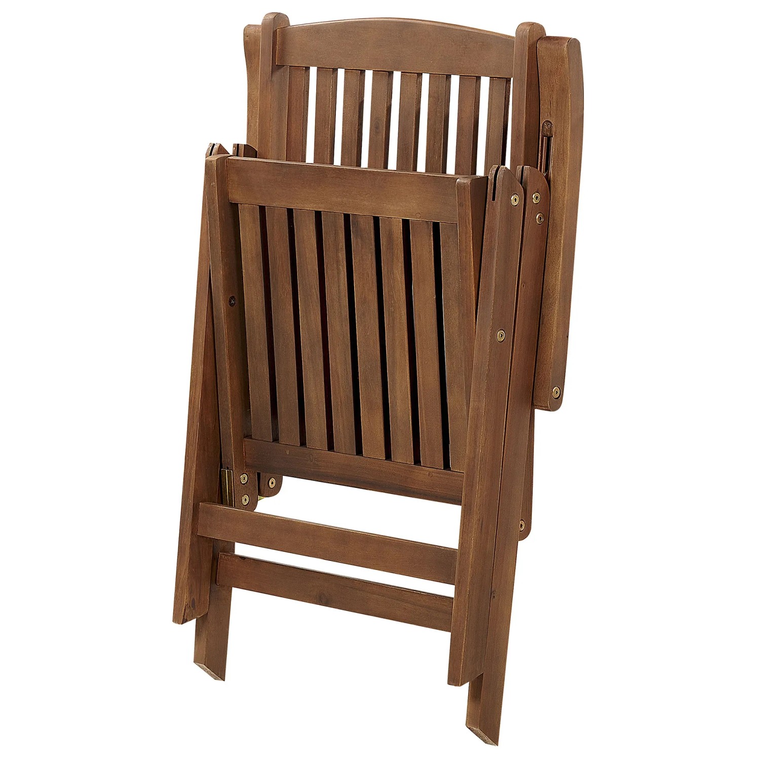 Zusammengeklappter Beliani Gartenstuhl aus Holz in dunklem Holzfarbton.