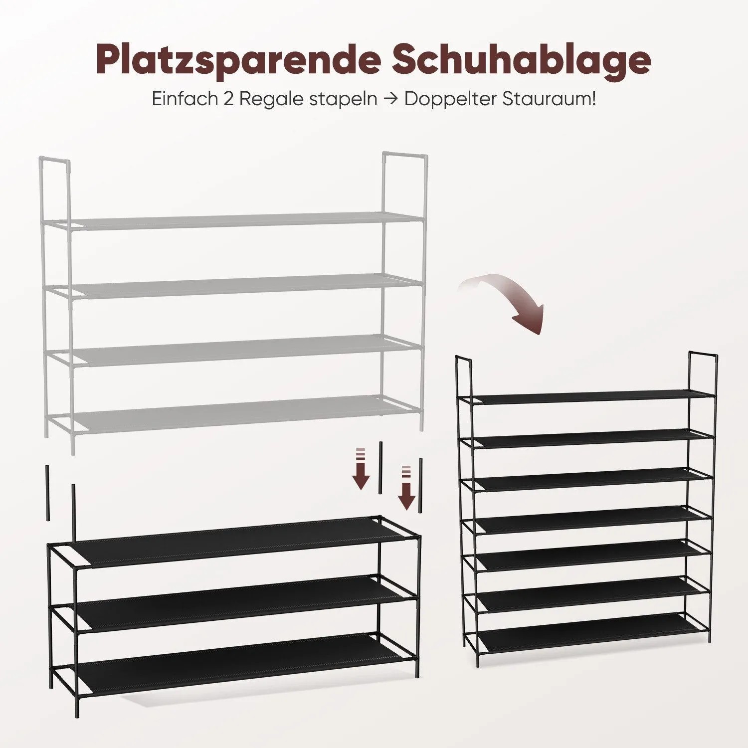 Schwarzes Sekey Schuhregal, 3 Ebenen, stapelbar zu 6 Ebenen. Metallrahmen, Vliesböden. Platzsparender Schuhständer.