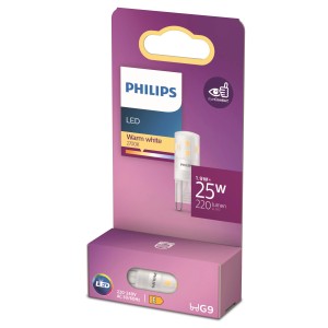 Philips LED G9 Leuchtmittel in Kapselform, 1,9W, warmweiß, auf Verpackung.