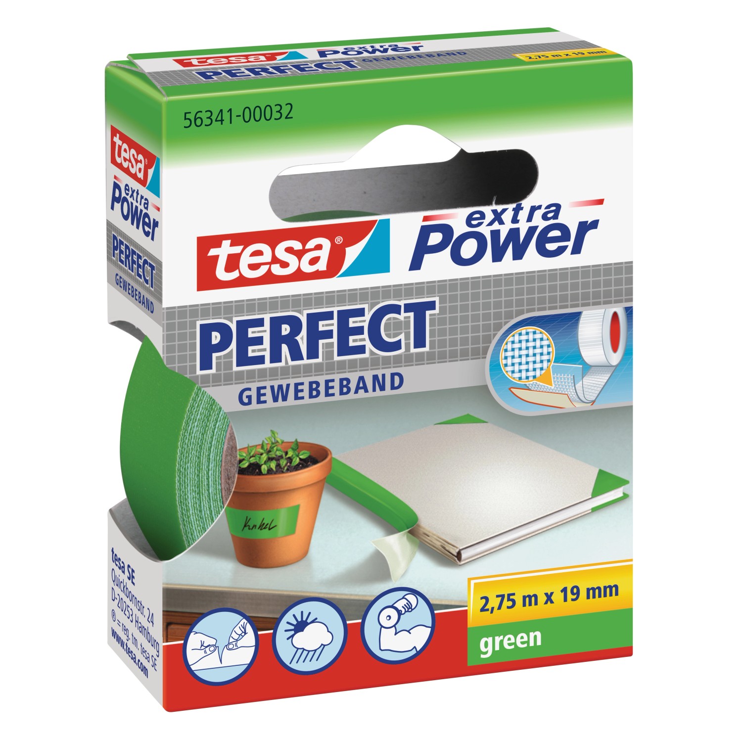 Tesa Extra Power Perfect Gewebeband Grün 2,75 m x 19 mm