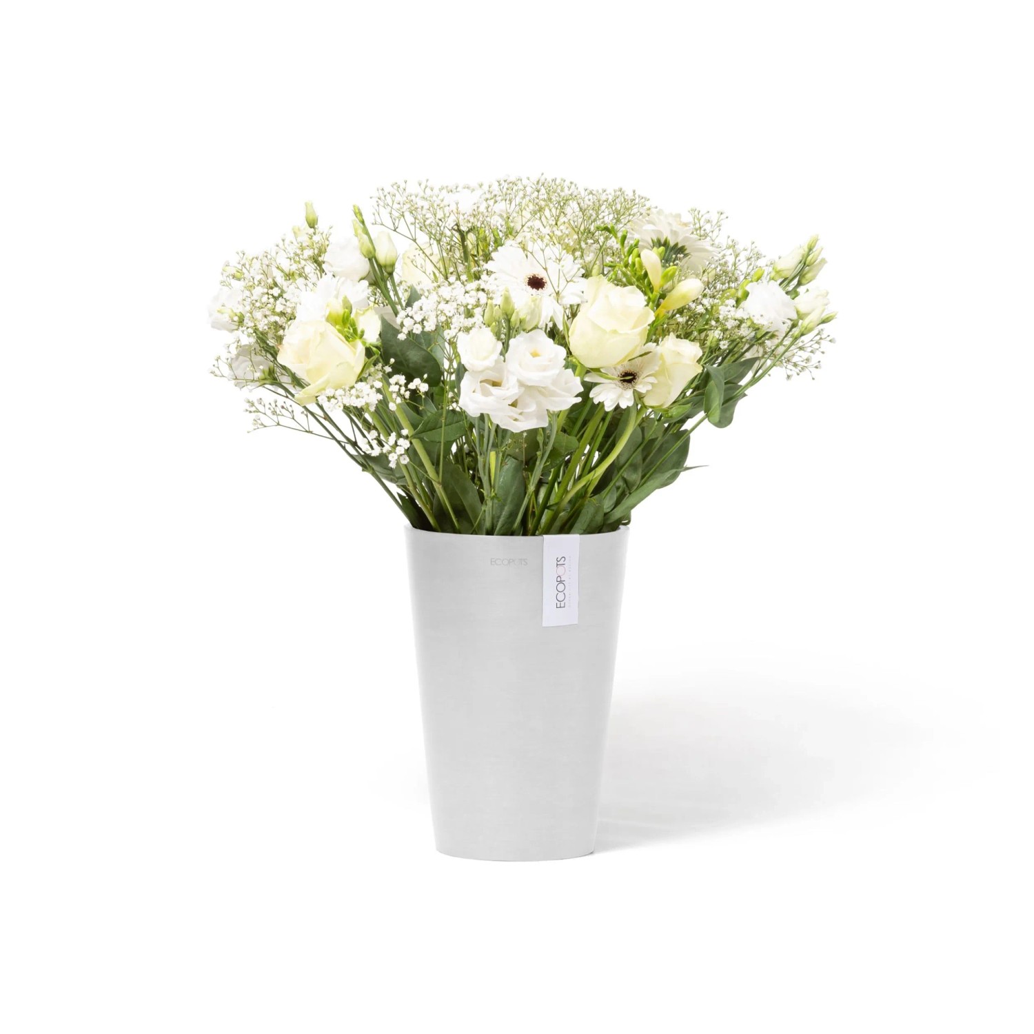 Weiße Ecopots Vase Pisa (14x20cm) mit Blumenstrauß. Dekorative Blumenvase für Innen und Außen.