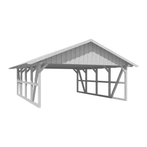 Weißer Skan Holz Carport Schwarzwald mit Dachschalung, Fachwerkbauweise.