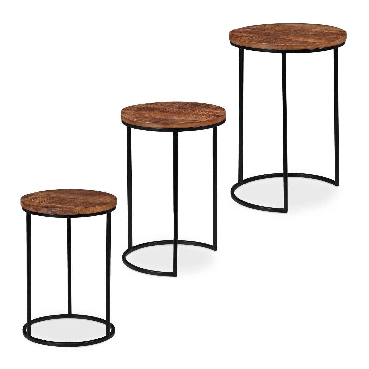 Relaxdays Satztisch 3er Set Mangoholz Metall Schwarz Nestbar 57,5 cm x 41 cm 8,5 kg