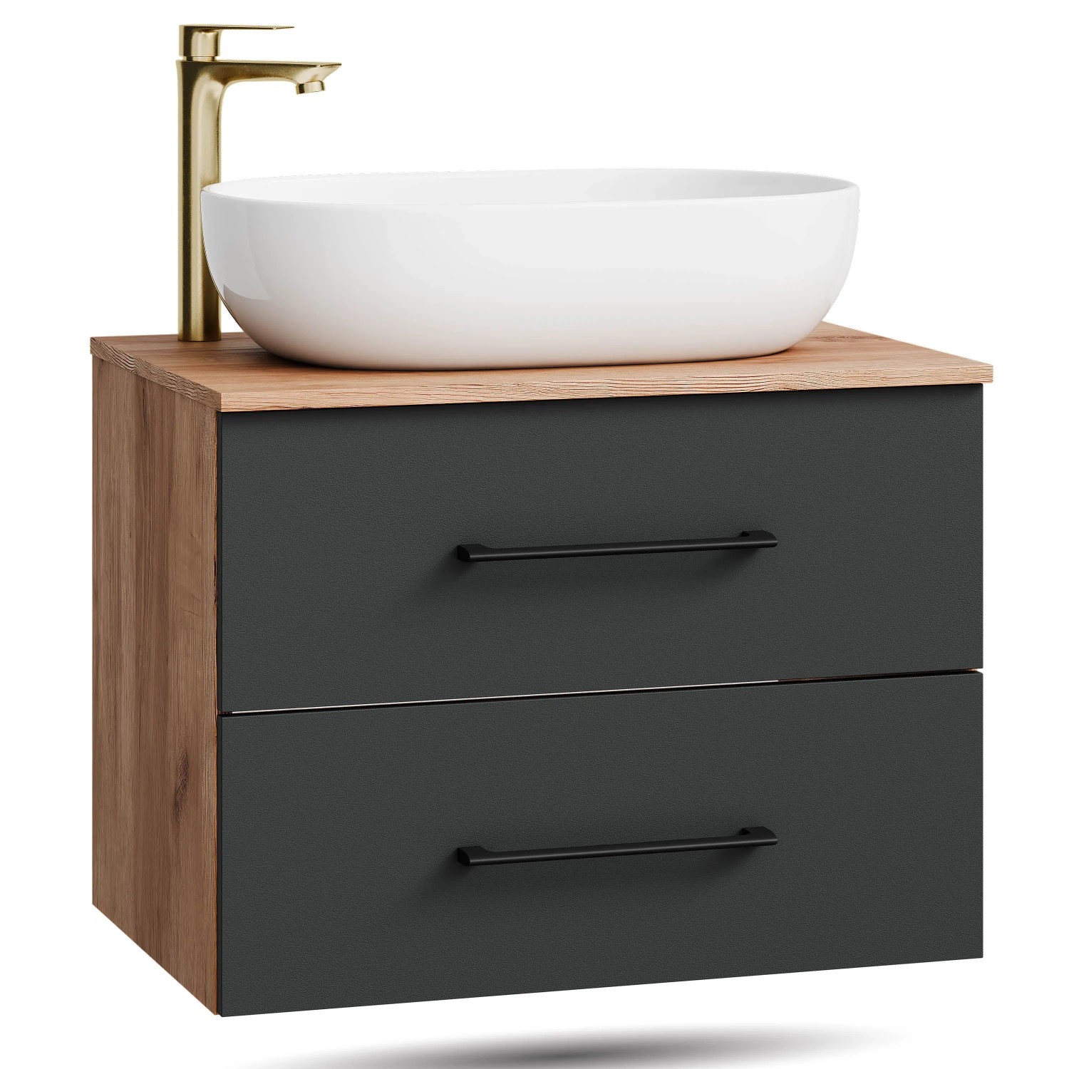 Planetmöbel LUX Waschtischunterschrank 70 cm mit Aufsatzwaschbecken 60 cm Weiß Soft Close