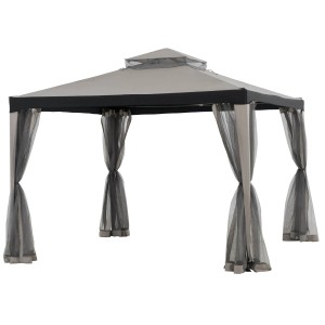 Grauer Sunjoy Stoff-Pavillon Roseg 300x300 cm mit Vorhängen für Terrassenüberdachung.