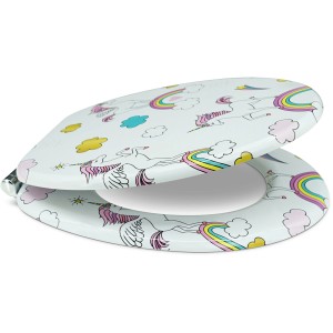 Sanfino WC-Sitz Unicorns mit Absenkautomatik, Toilettendeckel aus Holz mit Einhorn-Motiv.