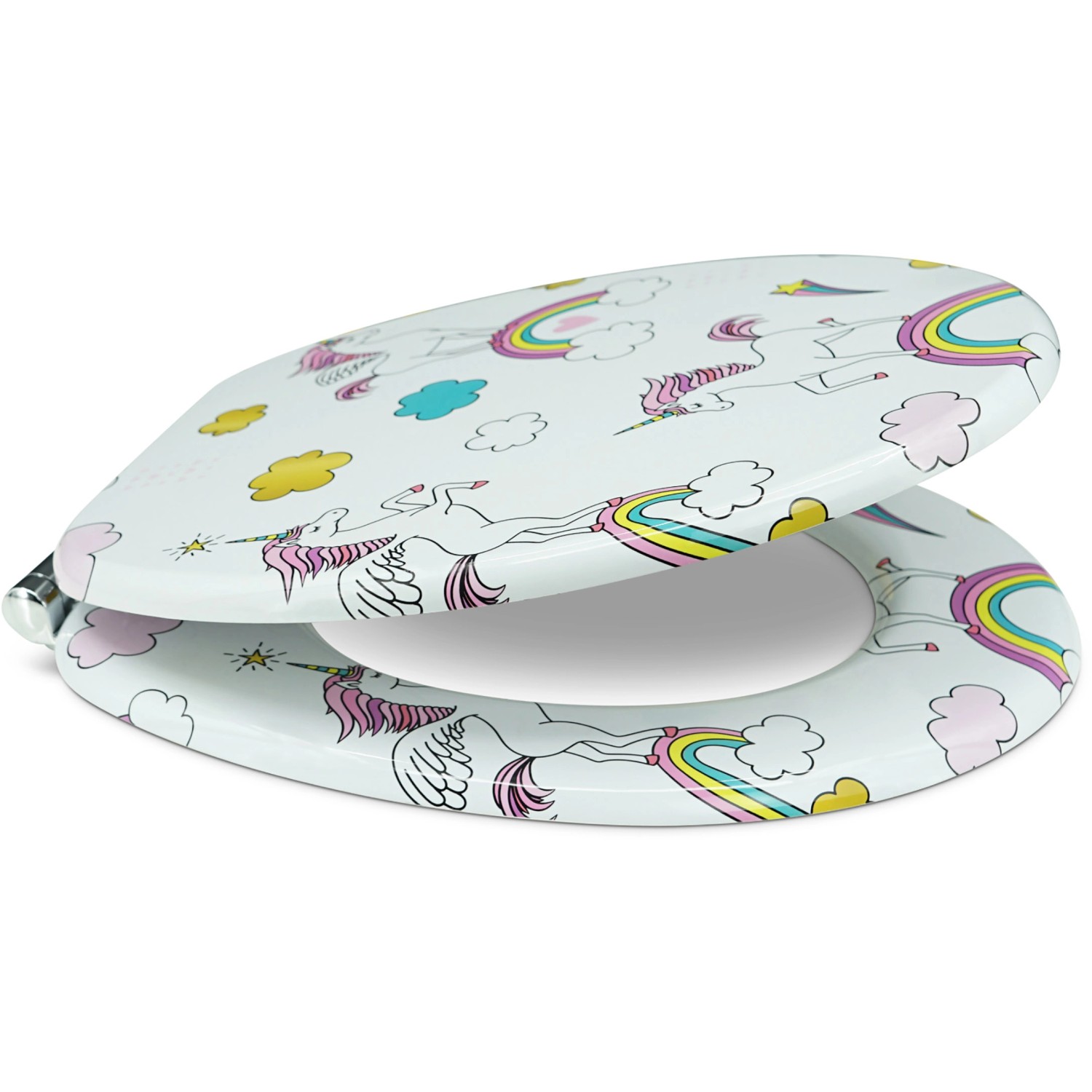 Sanfino WC-Sitz Unicorns mit Absenkautomatik, Toilettendeckel aus Holz mit Einhorn-Motiv.