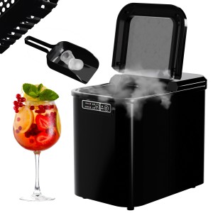 Schwarze TroniTechnik Eiswürfelmaschine mit Eiswürfeln und Cocktailglas.