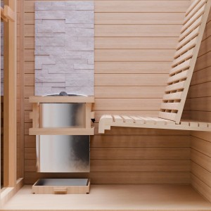 Finnische Sauna Minto 120x120 mit Harvia Ofen, Hemlockholz, Sitzbank und Saunaofen im Detail.