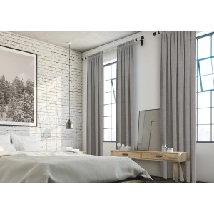 Gardinenstangen-Set Holz Weiß 200 cm mit grauen Vorhängen im Schlafzimmer.