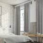 Gardinenstangen-Set Holz Weiß 200 cm mit grauen Vorhängen im Schlafzimmer.