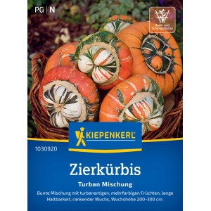 Kiepenkerl Zierkürbis Turban Mischung im Korb: Bunte, turbanförmige Kürbisse für Herbstdeko.