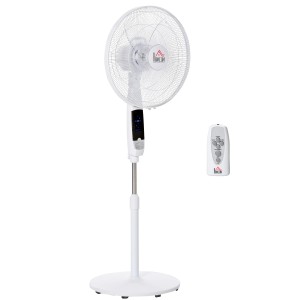 Weißer HOMCOM Standventilator mit Fernbedienung und Timer Funktion.