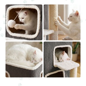 Graues 3-Etagen Katzenhaus mit Kratzstamm und Spielball. Katze spielt, kratzt und schläft in den gemütlichen Höhlen.