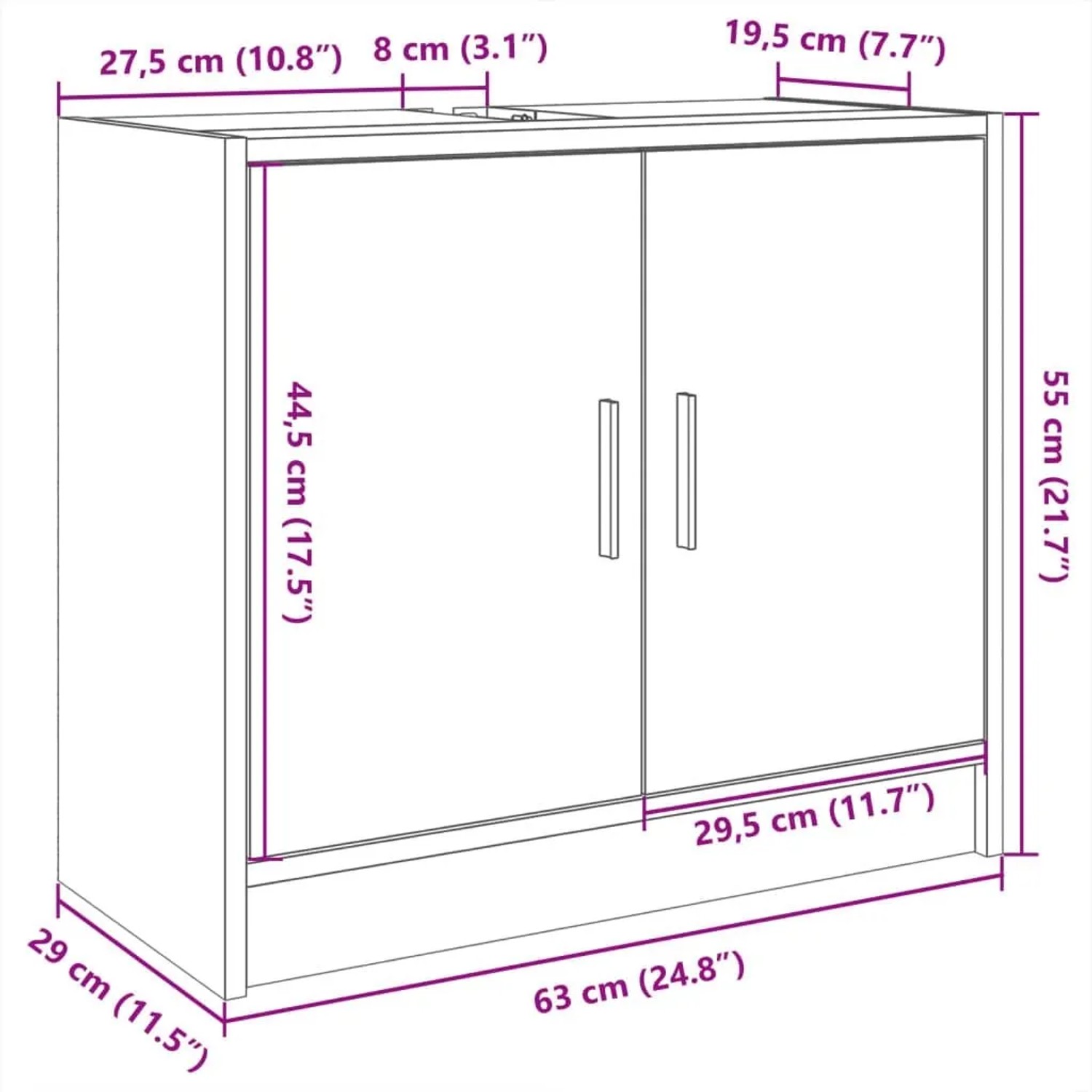 vidaXL Waschbeckenunterschrank, schwarz, 63x29x55 cm, Holzwerkstoff, mit Maßangaben.