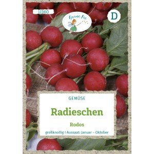 Grüne Fee Radieschen Rodos Saatgut: Samentüte mit roten, runden Radieschen und grünen Blättern.