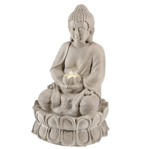Grauer Buddha Brunnen (55 cm) mit LED-Licht und Solarpanel für den Garten.