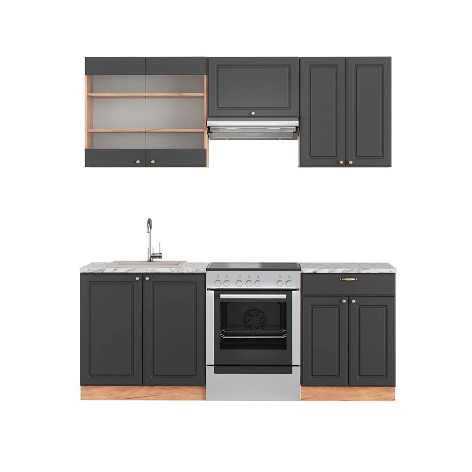 Vicco Fame-Line Küchenzeile Anthrazit Landhaus/Goldkraft Eiche 200 cm AP Ma günstig online kaufen