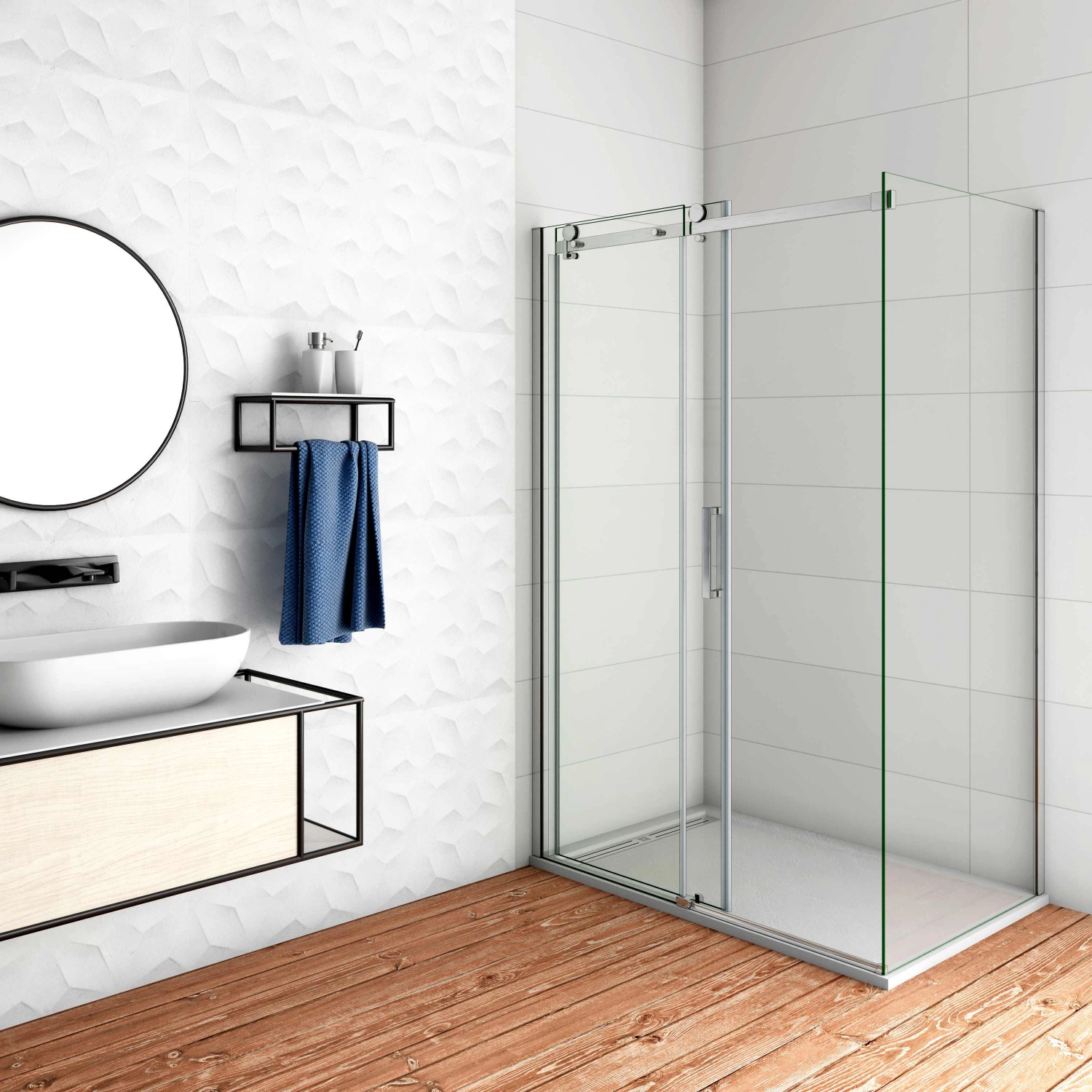 AICA Eckdusche mit Schiebetür, 125x90x195cm, 8mm ESG-Glas, chromfarbener Rahmen. Duschkabine ohne Duschtasse.