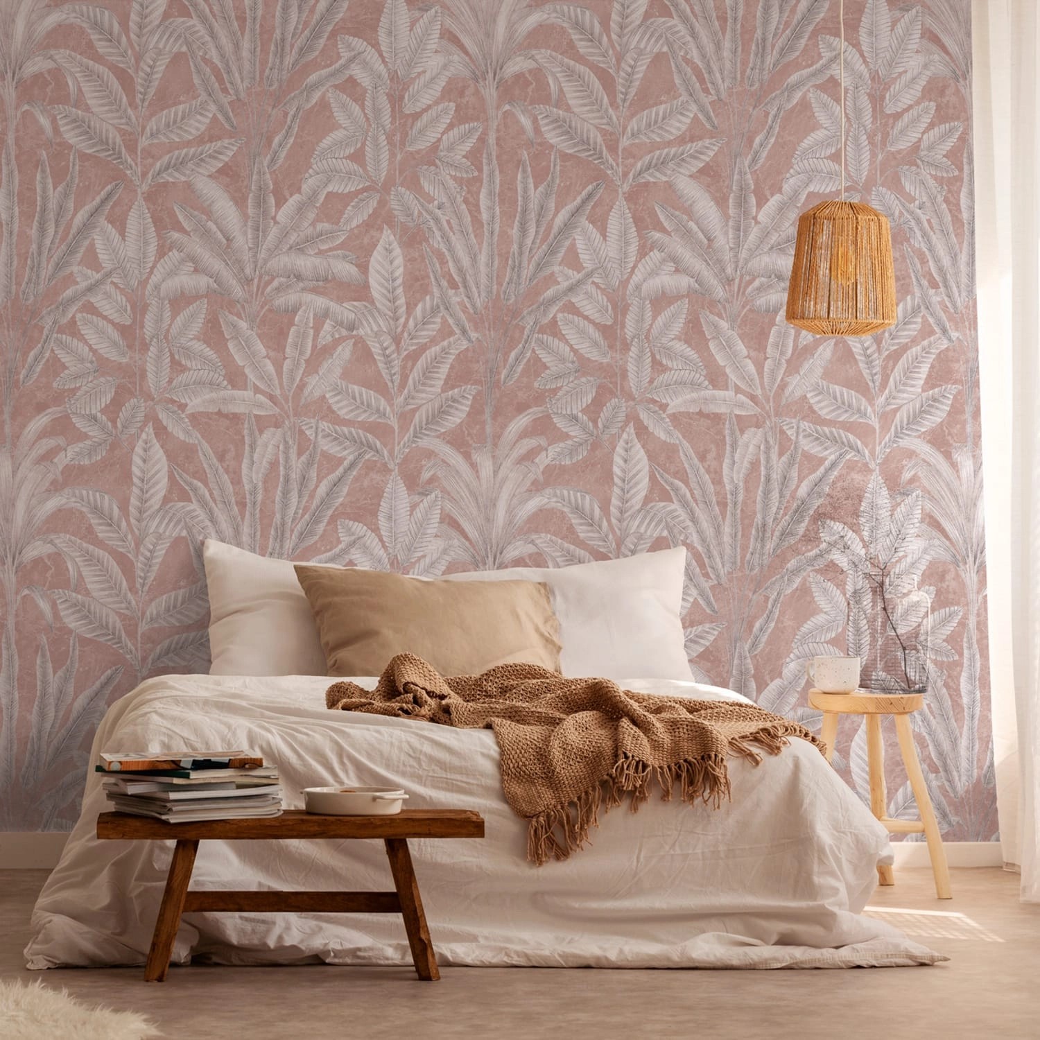 PROFHOME 393161-GU Fototapete Palmen Matt Rosa Grau Weiß 1,59 m x 2,8 m 0,5 günstig online kaufen