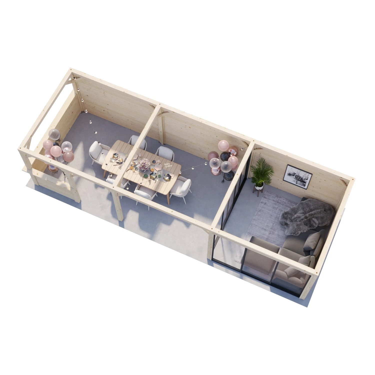 Palmako Pavillon Bianca Set, 876x300 cm, weiß lackiert. Ansicht von oben mit Möbeln und Dekoration.
