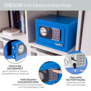 Blauer HMF Möbeltresor mit Elektronikschloss im Regal. Stahlkorpus, Zahlencode, Notöffnung per Schlüssel.