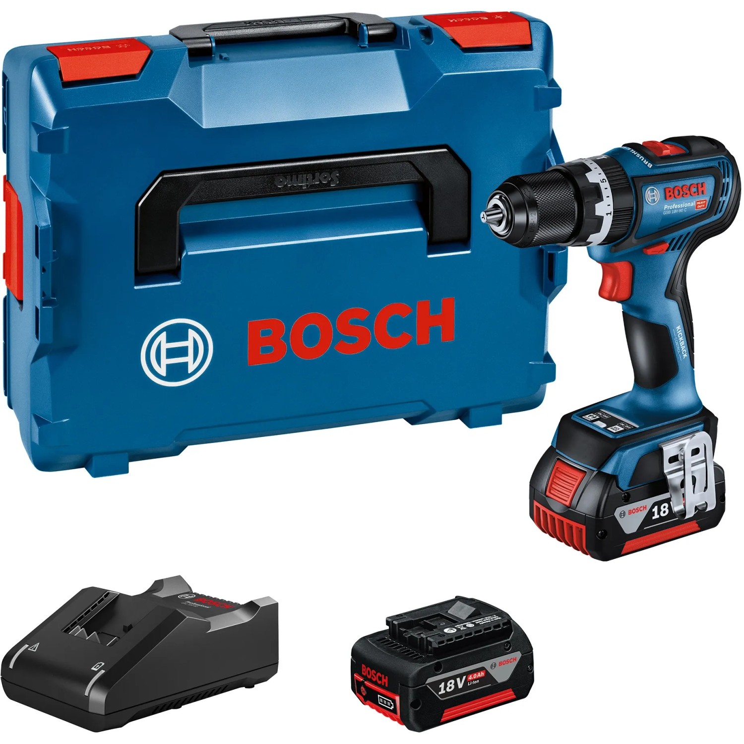 Bosch Professional Akku-Schlagbohrschrauber GSB 18V-90 C mit Akkus, Ladegerät und L-Boxx.