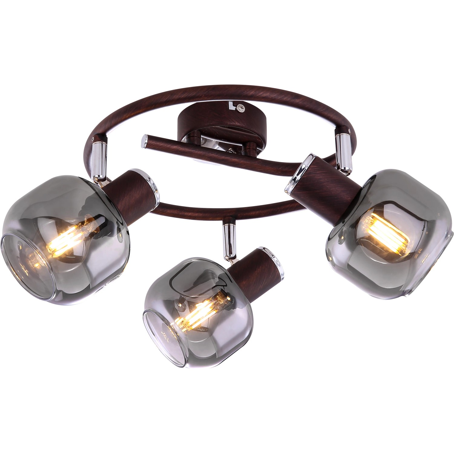 Bronzefarbiger Globo Strahler Pallo mit drei rauchigen Lampengläsern. Eleganter Deckenstrahler für Wohnräume.