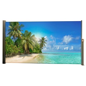 Schwarze Garden Pleasure Seitenmarkise mit Malediven-Motiv, 300 cm breit.