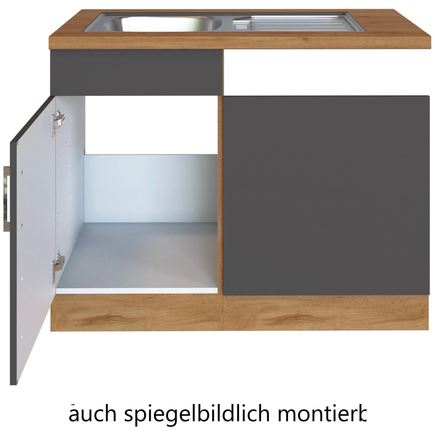 Held Möbel Spülzentrum Sorrento, 110cm, Anthrazit/Eiche, mit offener Tür. Spülenunterschrank für die Küche.