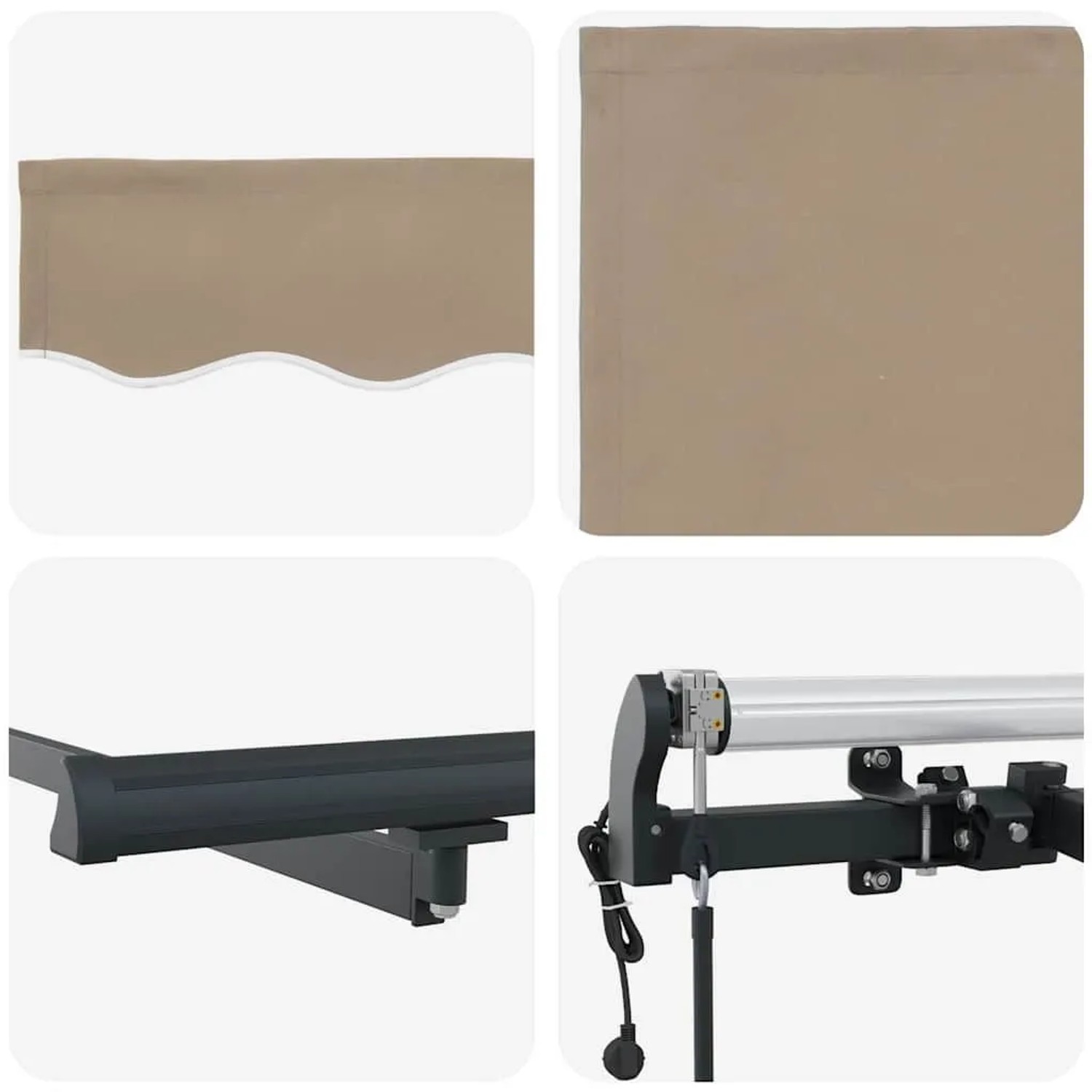 Beige einziehbare Markise aus Stoff und Aluminium. Nahaufnahmen von Stoff mit Wellenrand, Rahmen und Motor.