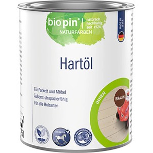 Dose Biopin Hartöl Braun, seidenglänzend, für Holzoberflächen im Innenbereich.