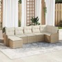 Beiges 7-teiliges vidaXL Garten-Sofa-Set aus Polyrattan mit weißen Kissen.