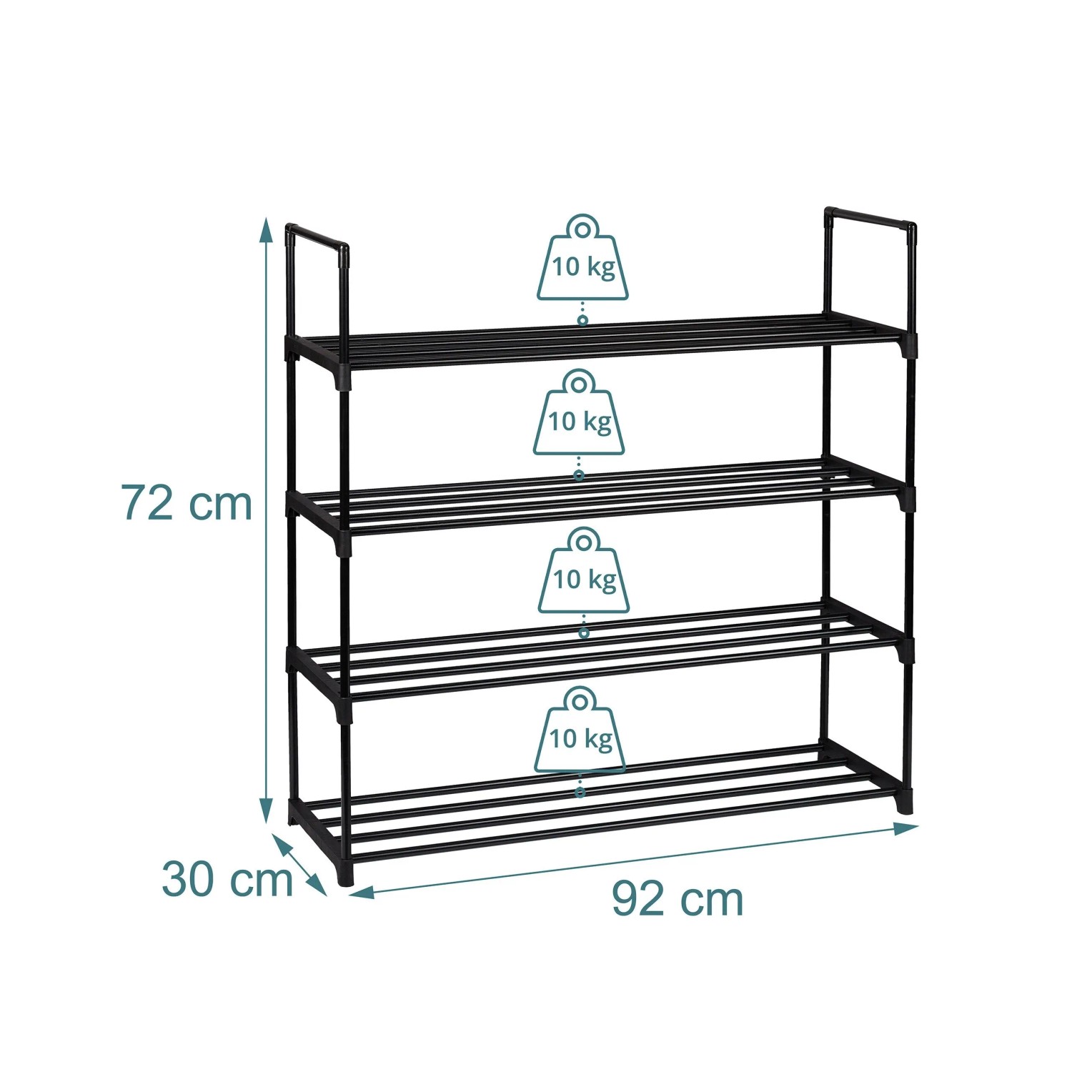 Schwarzes Metall Schuhregal, stapelbar, 4 Ebenen, 72x92x30 cm. Stecksystem für Flur & Keller, je 10 kg belastbar.