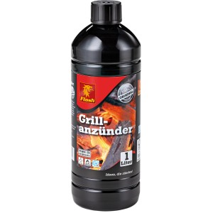 Schwarze 1L Flasche Flash Grillanzünder flüssig für Holzkohlegrills.