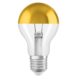 E27 LED-Leuchtmittel in klassischer Glühlampenform mit goldener Spiegelkuppe. Dimmbar, 7W, warmweiß.
