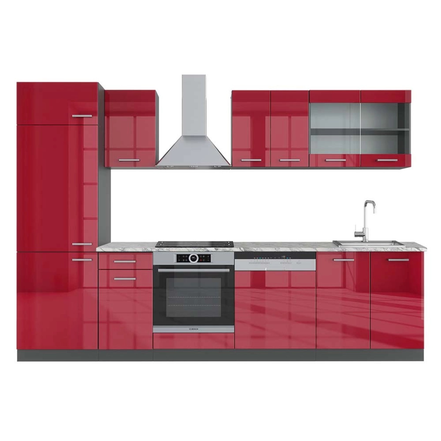 Vicco R-Line Küchenzeile Bordeaux Hochglanz/Anthrazit 300 cm AP Marmor günstig online kaufen