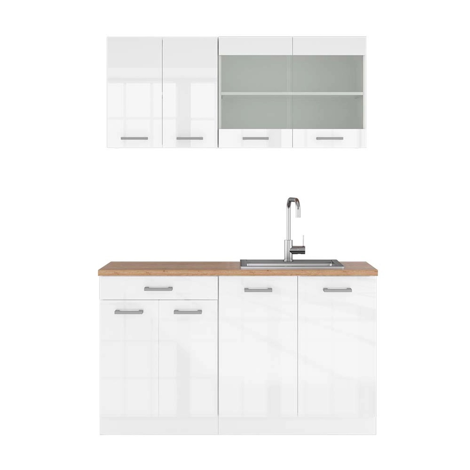 Vicco R-Line Singleküche Weiß Hochglanz/Weiß 140 cm AP Eiche günstig online kaufen