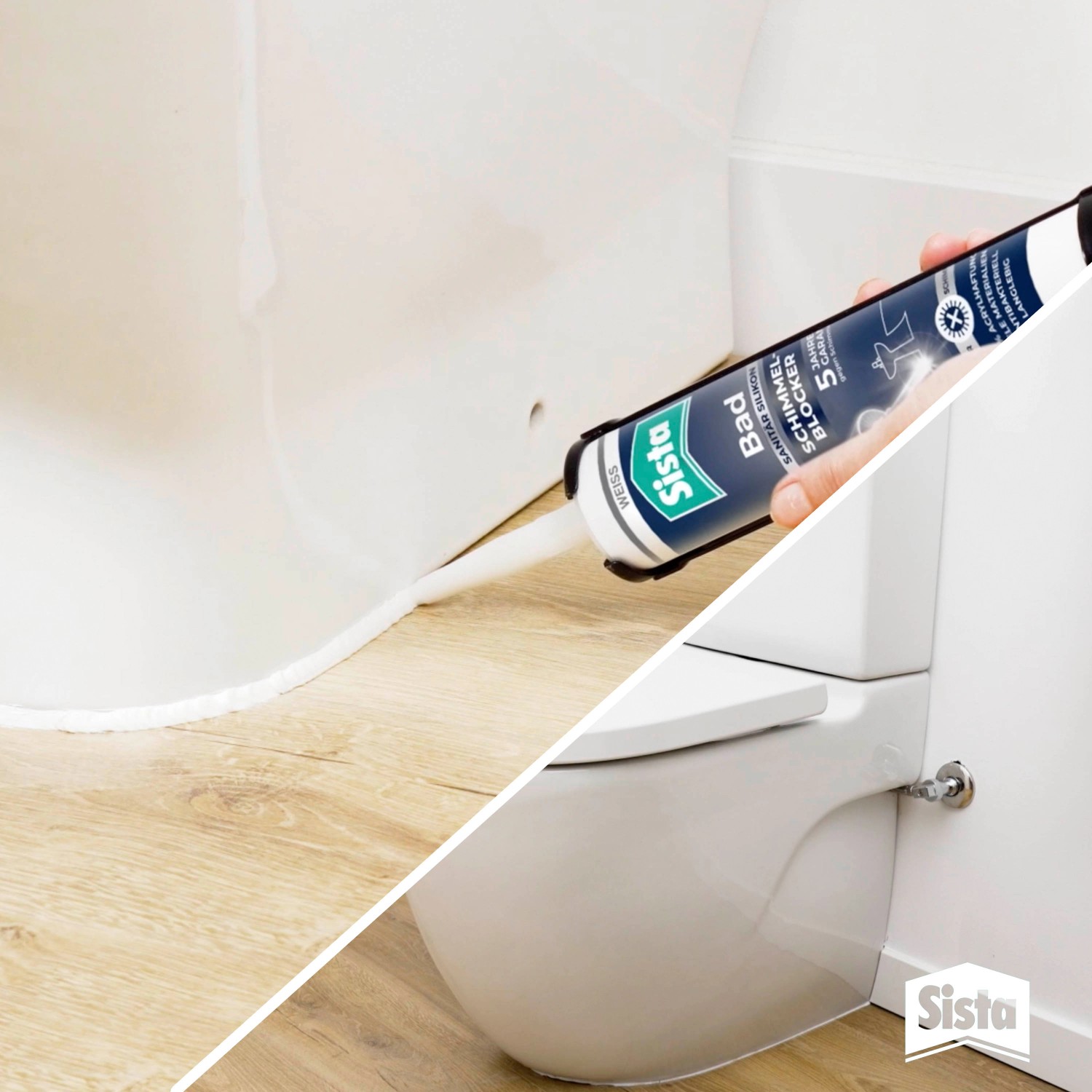 Anwendung von Sista Bad Sanitär Silikon Kartusche Weiß zum Abdichten einer Toilette.