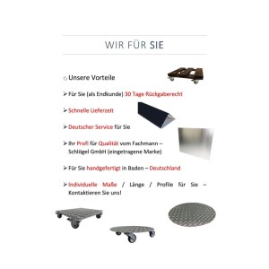 Schlögel GmbH Vorteile: Individuelle Alu Winkel, Profile, Bleche. Schnelle Lieferung, 30 Tage Rückgabe, deutscher Service.