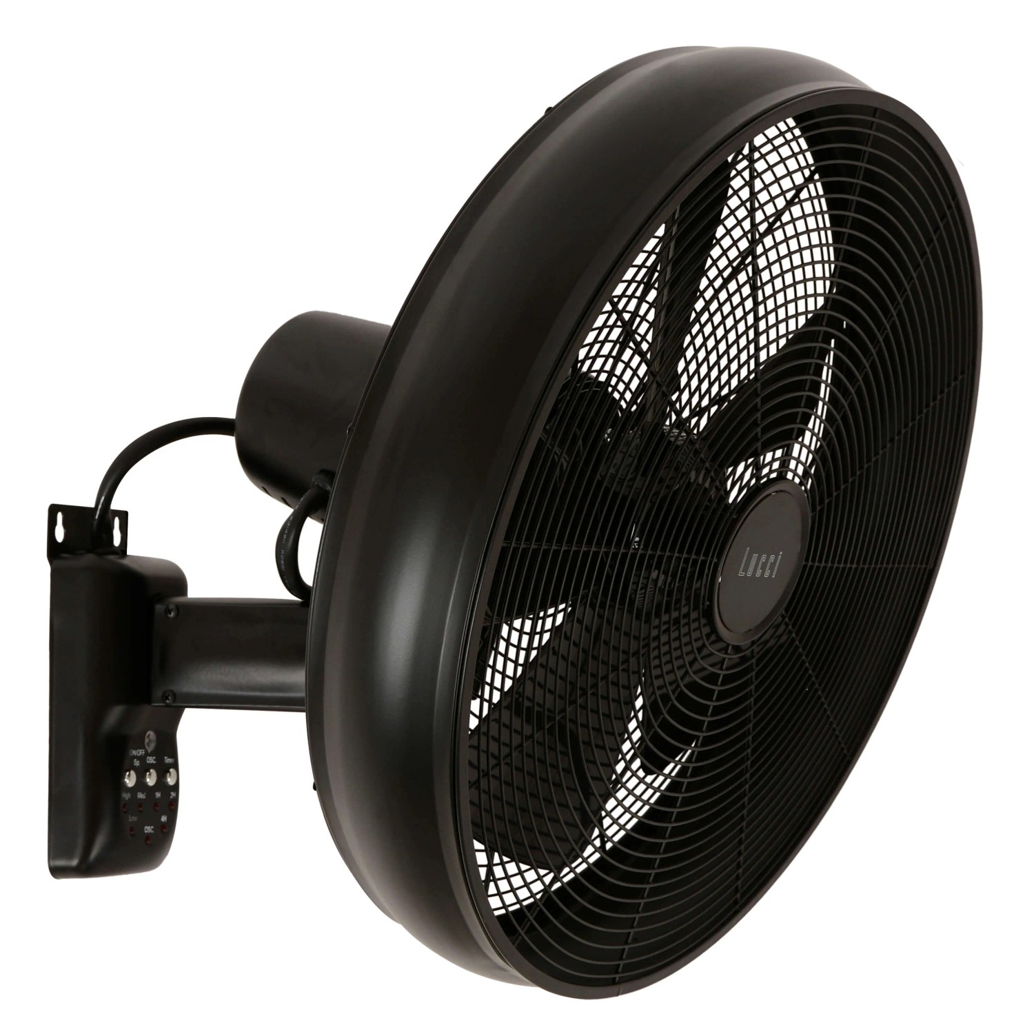 Schwarzer Lucci Air Retro Wandventilator mit Fernbedienung.