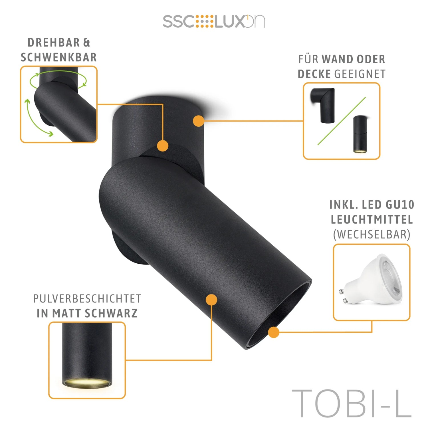 SSC-LUXon LED Deckenleuchte – Schwenkbarer Aufbau-Spot Inkl. GU10 LED 6W, Warmweiß, Höhe 125 Mm