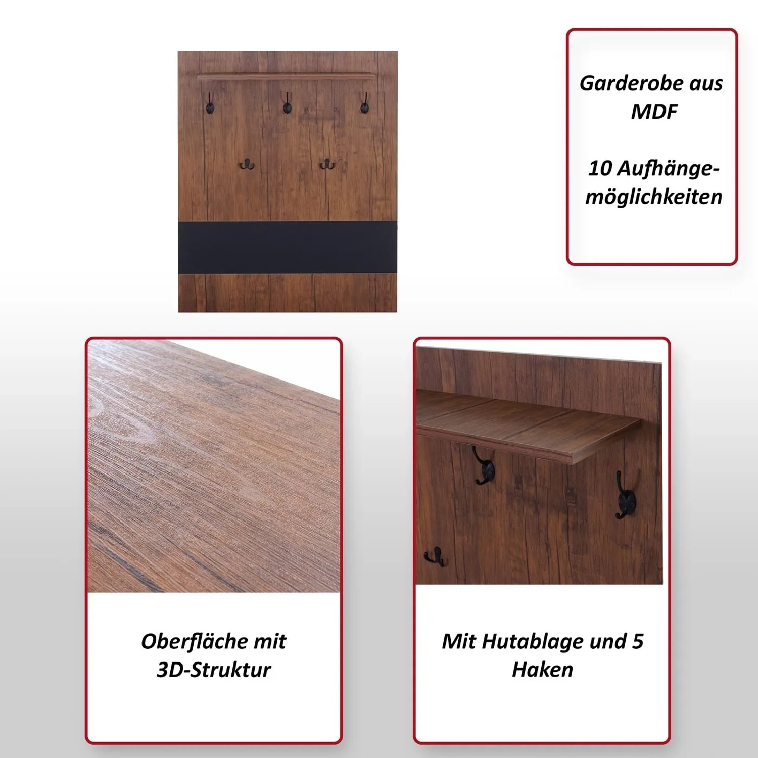 MCW Wandgarderobe A27 mit 5 Haken und Hutablage, Holzoptik.